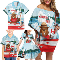 Canada Day Family Matching Off Shoulder Short Dress and Hawaiian Shirt Cute Beaver With Flag
