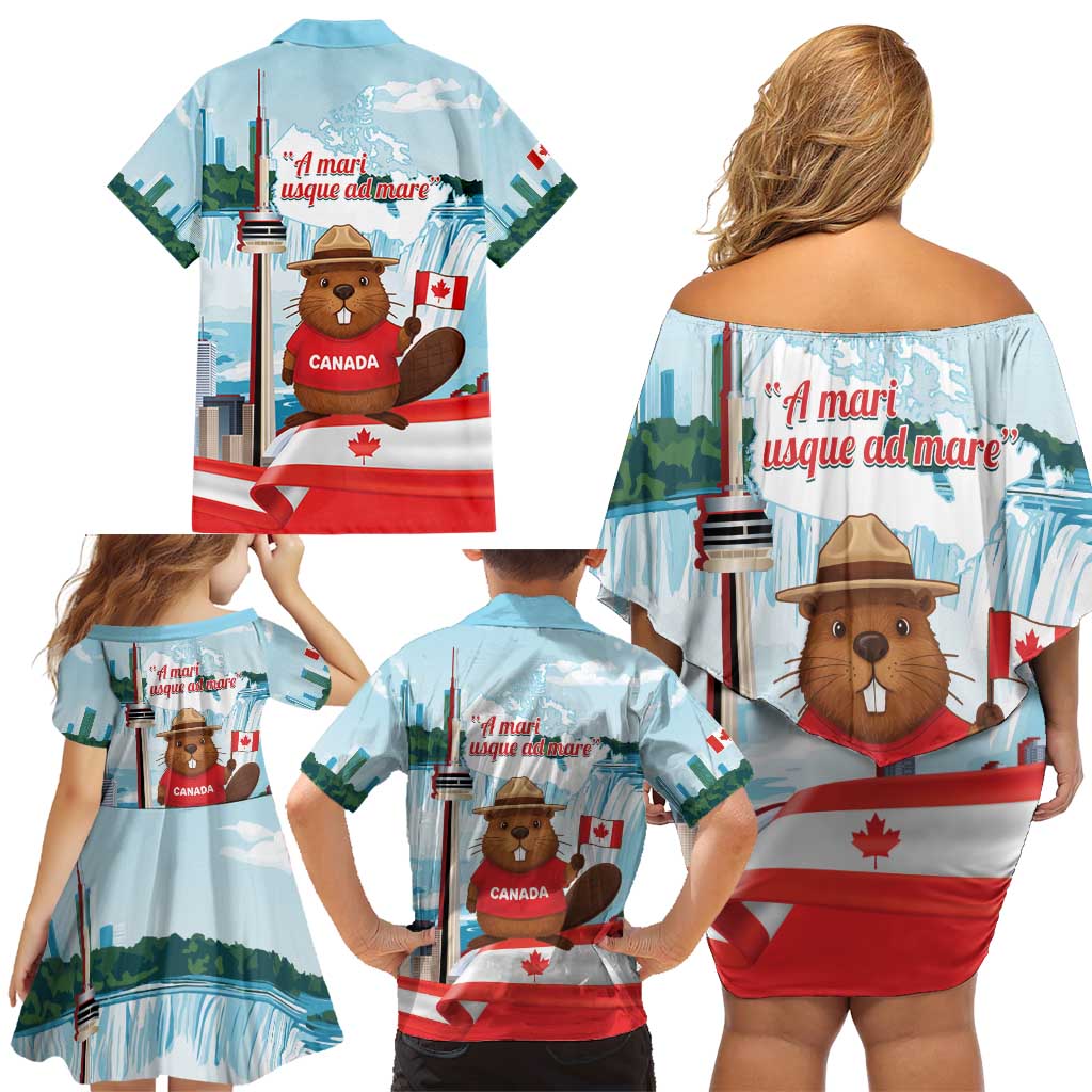 Canada Day Family Matching Off Shoulder Short Dress and Hawaiian Shirt Cute Beaver With Flag