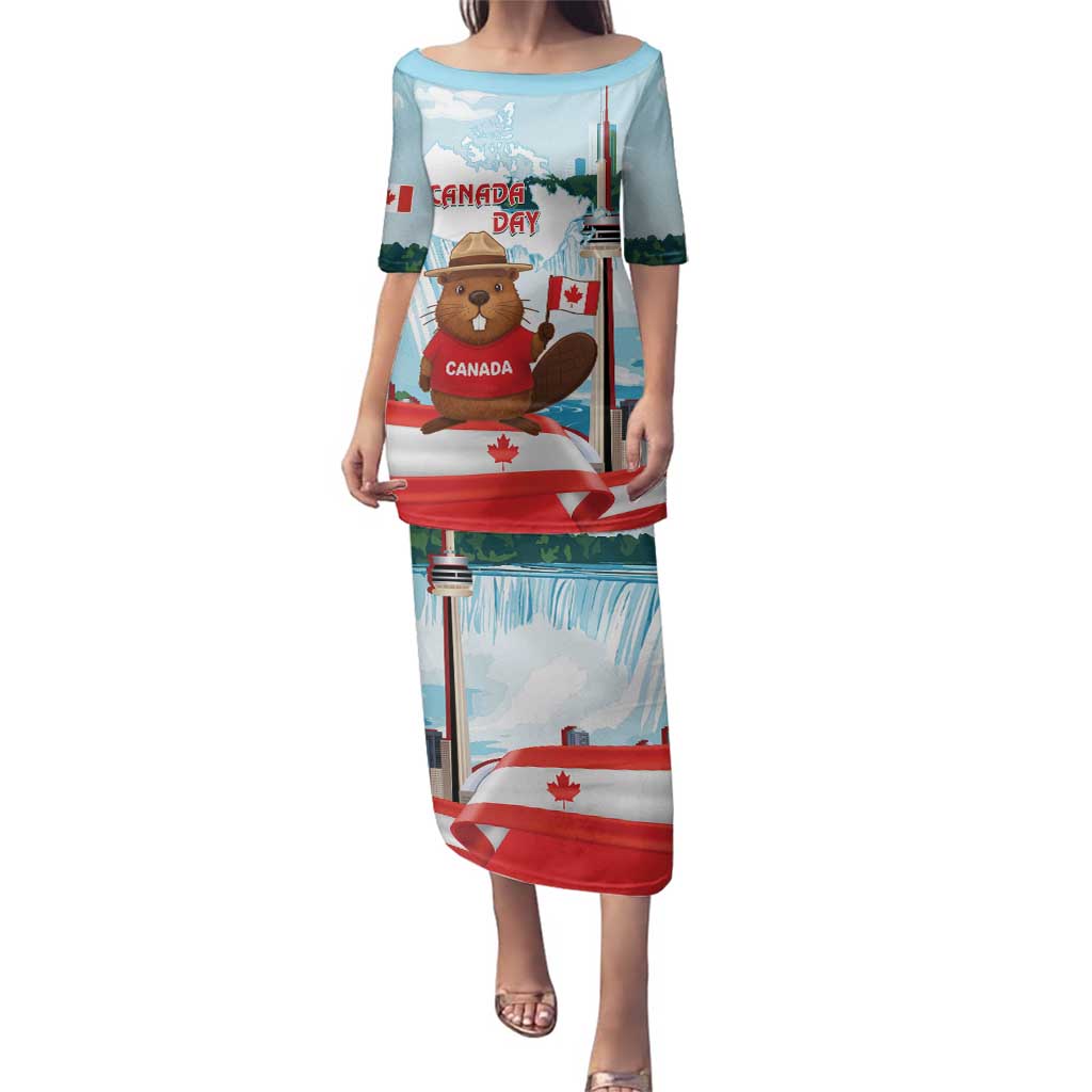 Canada Day Family Matching Puletasi and Hawaiian Shirt Cute Beaver With Flag