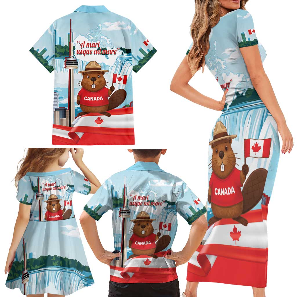 Canada Day Family Matching Short Sleeve Bodycon Dress and Hawaiian Shirt Cute Beaver With Flag
