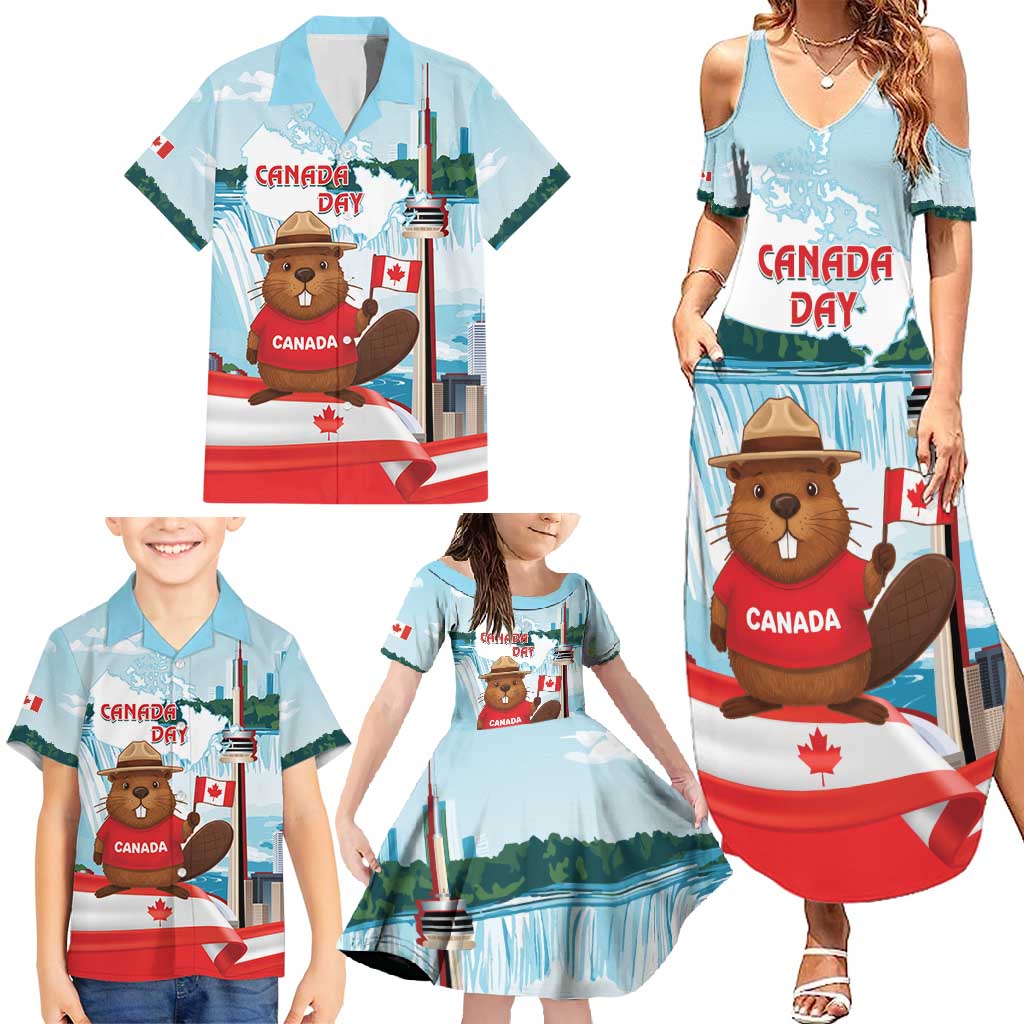 Canada Day Family Matching Summer Maxi Dress and Hawaiian Shirt Cute Beaver With Flag