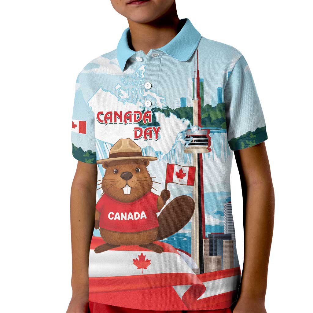Canada Day Kid Polo Shirt Cute Beaver With Flag