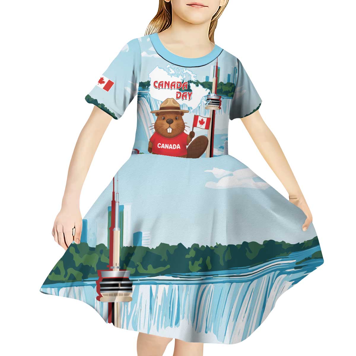 Canada Day Kid Short Sleeve Dress Cute Beaver With Flag