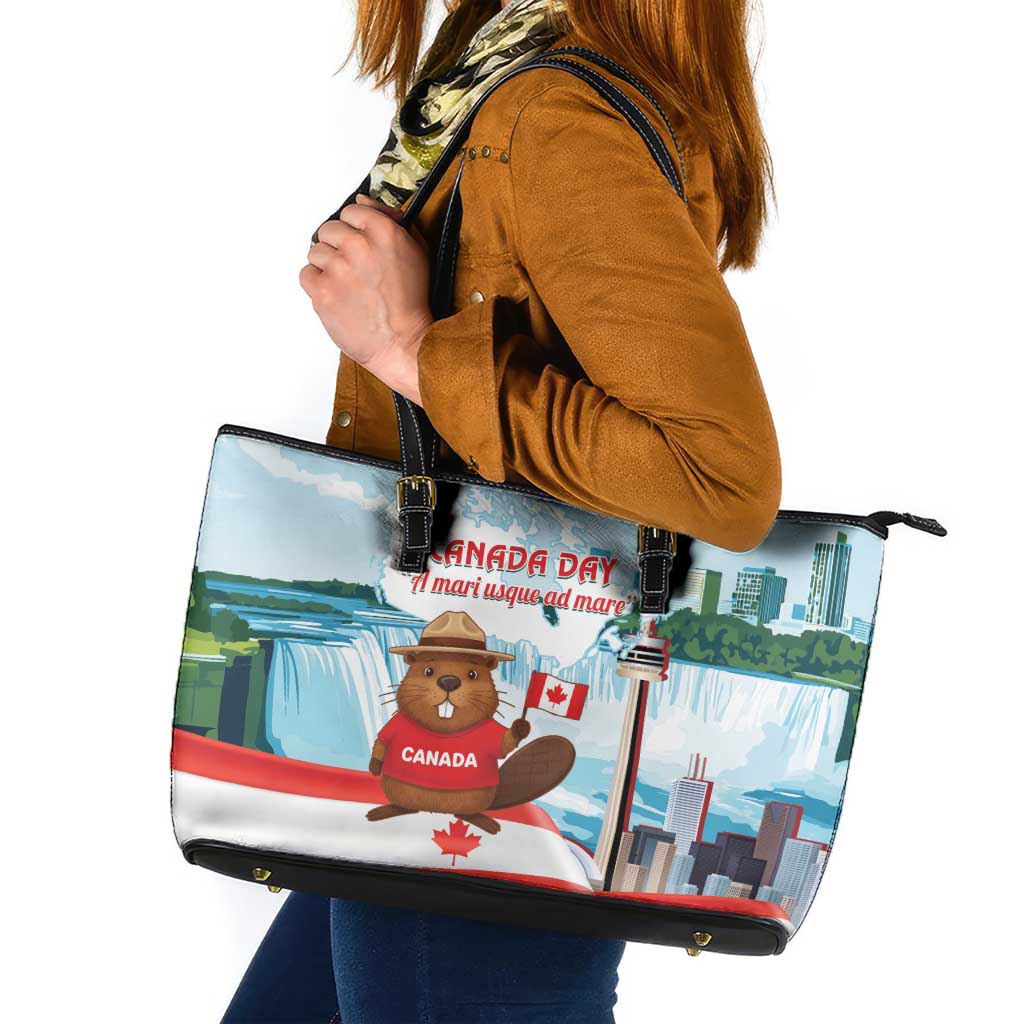 Canada Day Leather Tote Bag Cute Beaver With Flag