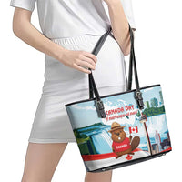 Canada Day Leather Tote Bag Cute Beaver With Flag