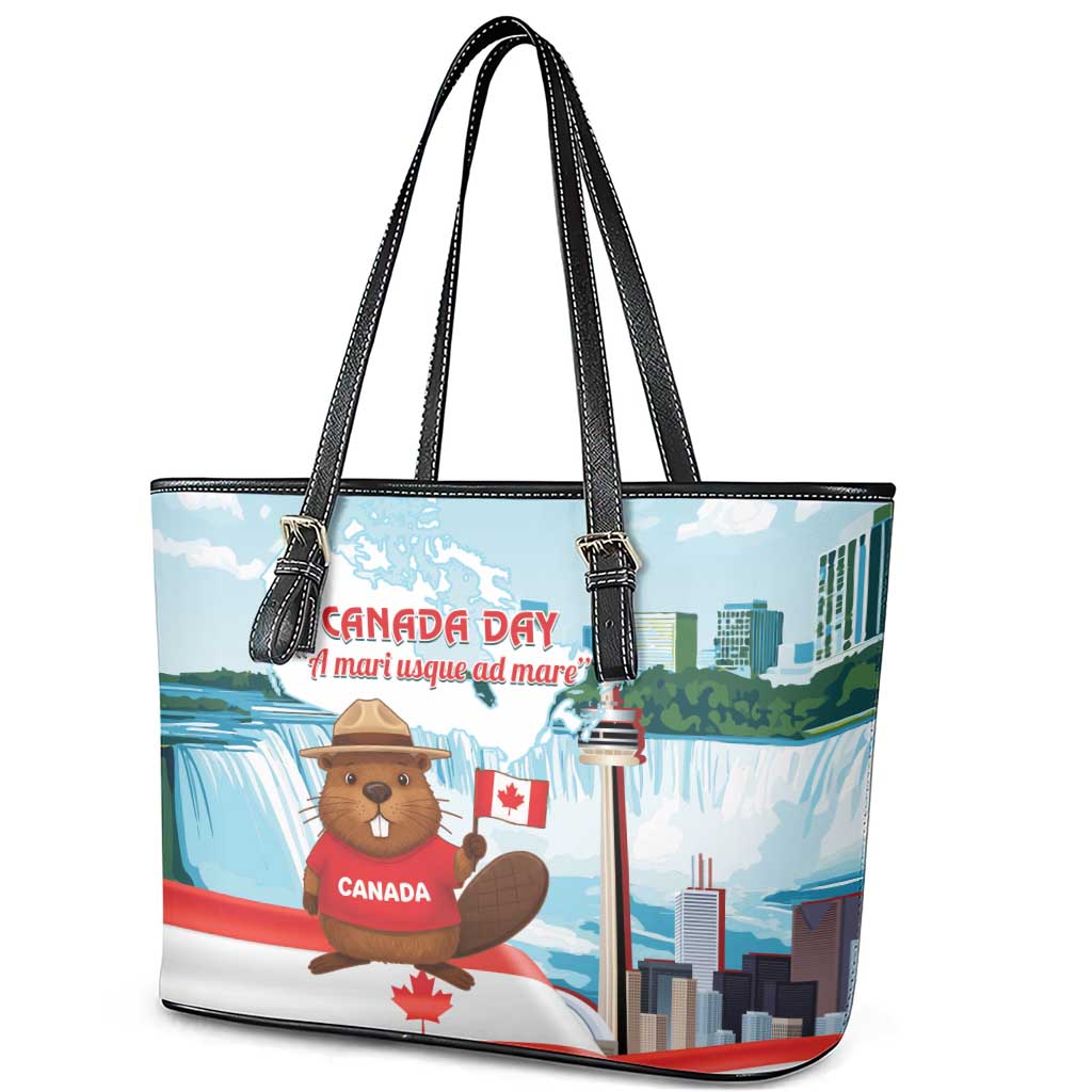 Canada Day Leather Tote Bag Cute Beaver With Flag