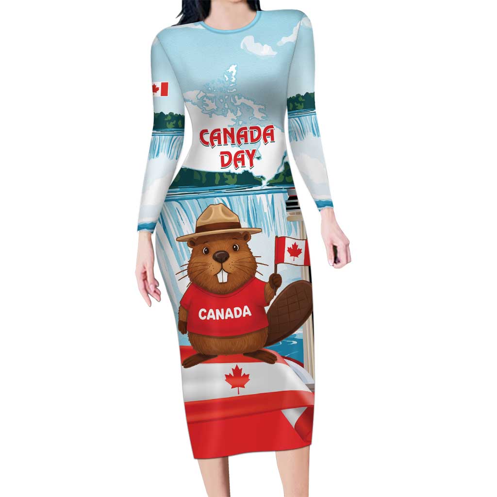 Canada Day Long Sleeve Bodycon Dress Cute Beaver With Flag
