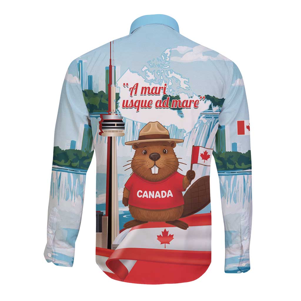 Canada Day Long Sleeve Button Shirt Cute Beaver With Flag
