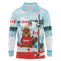 Canada Day Long Sleeve Polo Shirt Cute Beaver With Flag