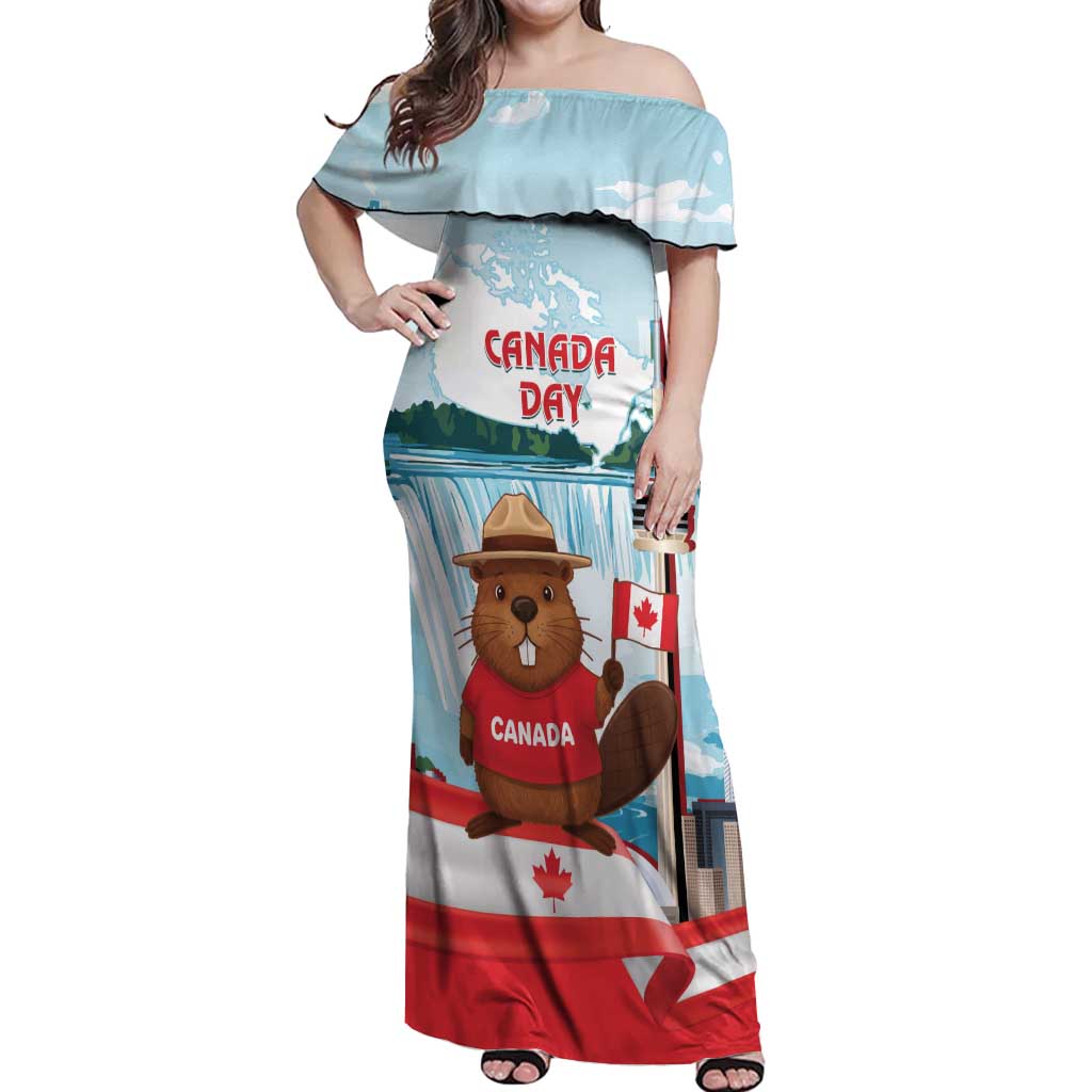 Canada Day Off Shoulder Maxi Dress Cute Beaver With Flag