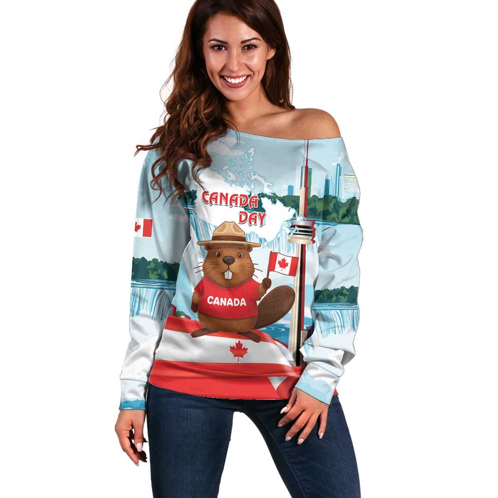 Canada Day Off Shoulder Sweater Cute Beaver With Flag