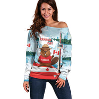 Canada Day Off Shoulder Sweater Cute Beaver With Flag