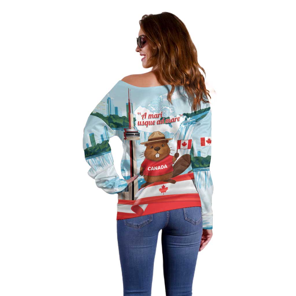 Canada Day Off Shoulder Sweater Cute Beaver With Flag