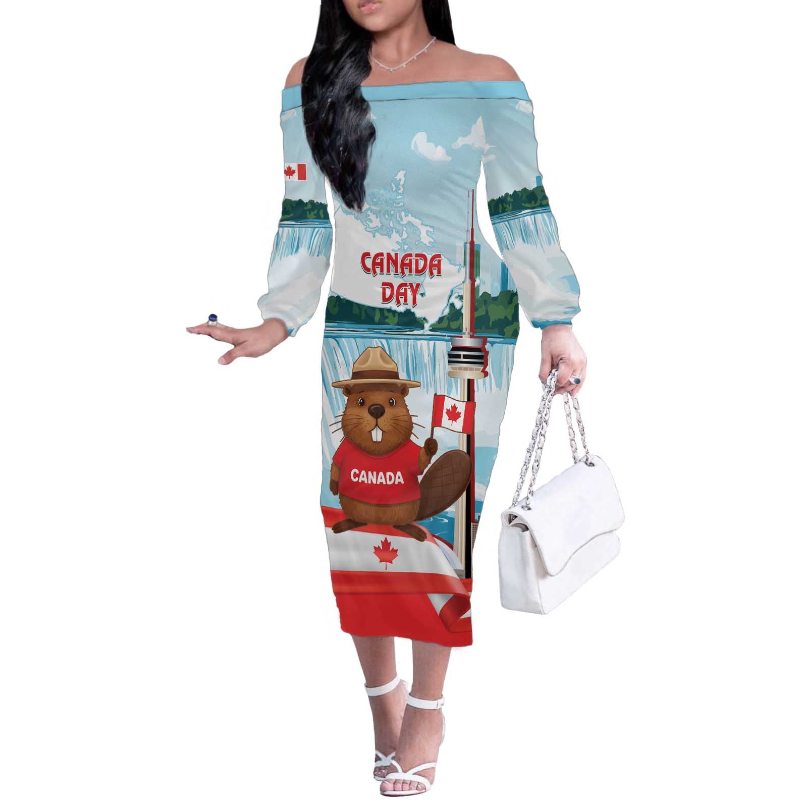 Canada Day Off The Shoulder Long Sleeve Dress Cute Beaver With Flag