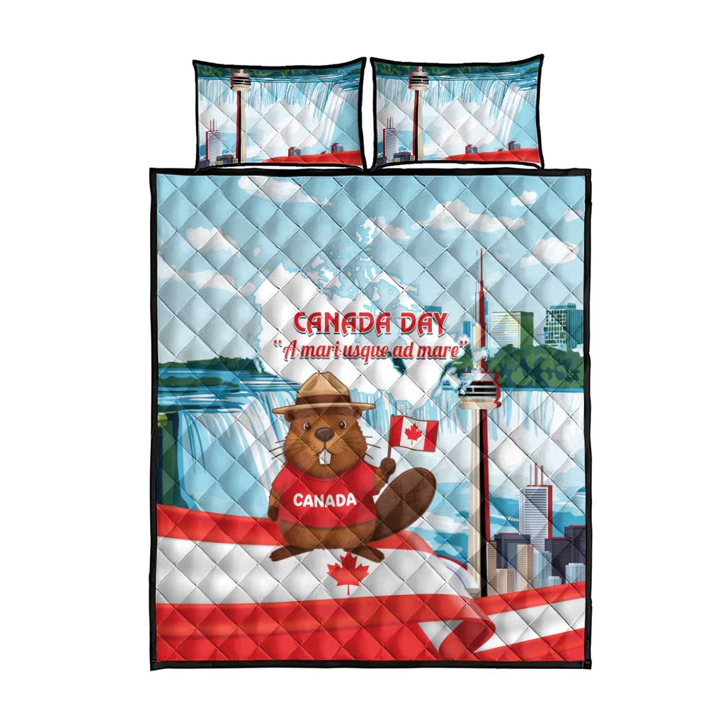 Canada Day Quilt Bed Set Cute Beaver With Flag
