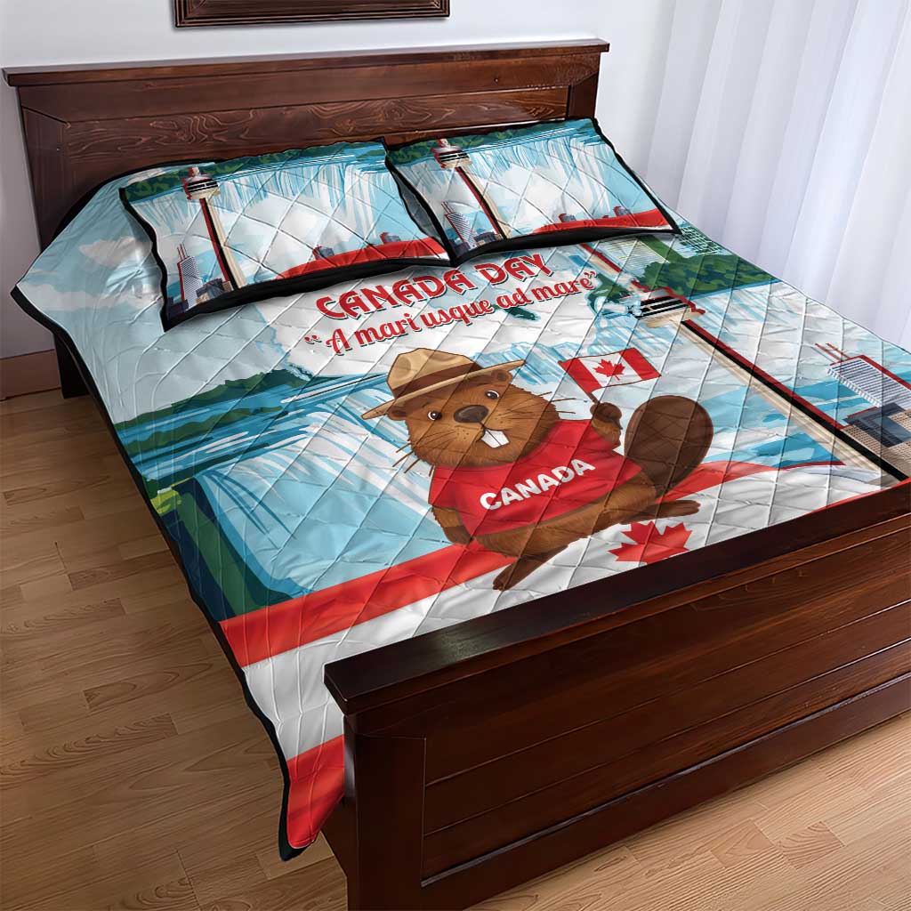 Canada Day Quilt Bed Set Cute Beaver With Flag