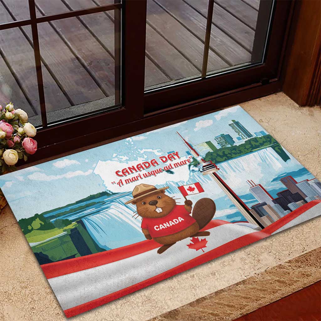 Canada Day Rubber Doormat Cute Beaver With Flag