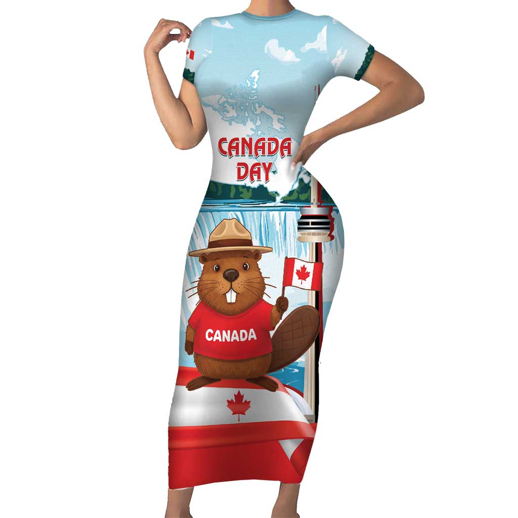 Canada Day Short Sleeve Bodycon Dress Cute Beaver With Flag