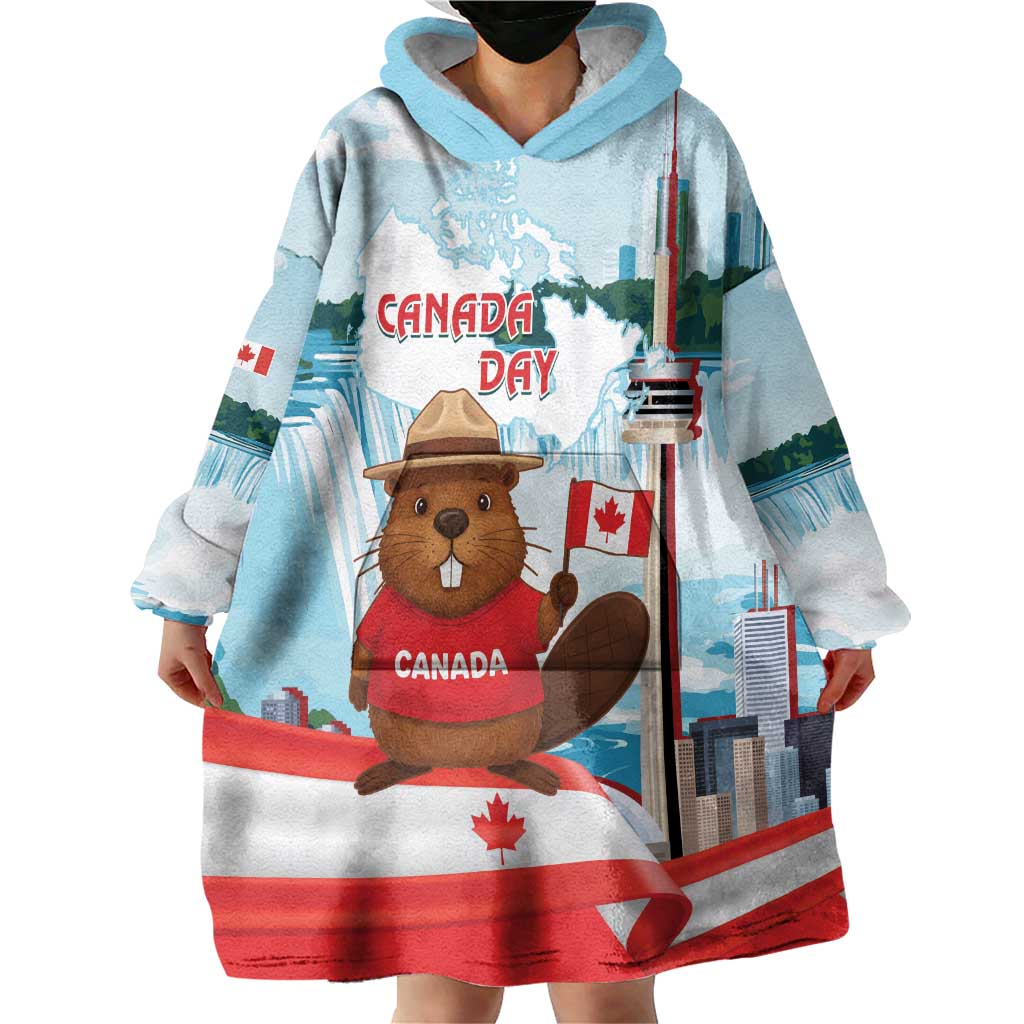 Canada Day Wearable Blanket Hoodie Cute Beaver With Flag