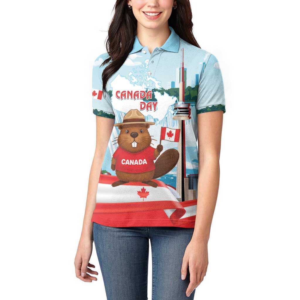 Canada Day Women Polo Shirt Cute Beaver With Flag