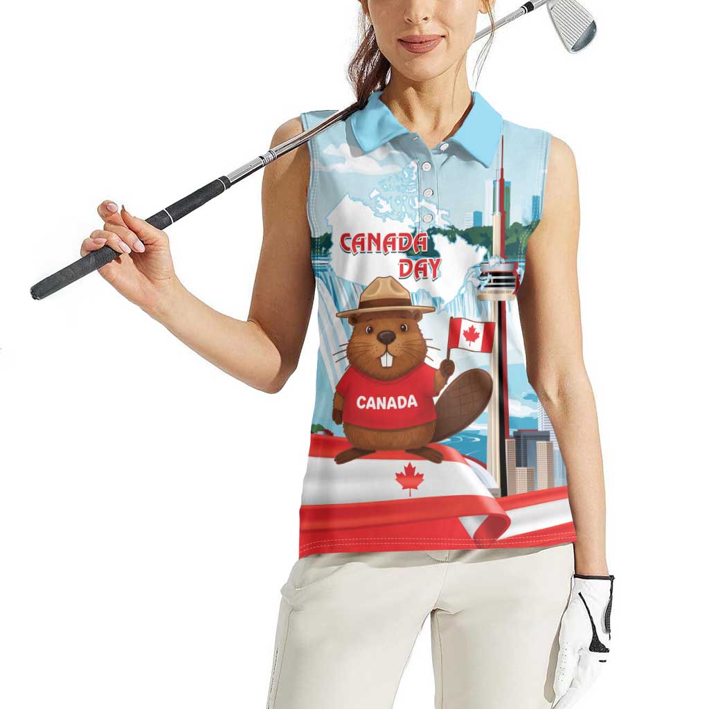 Canada Day Women Sleeveless Polo Shirt Cute Beaver With Flag