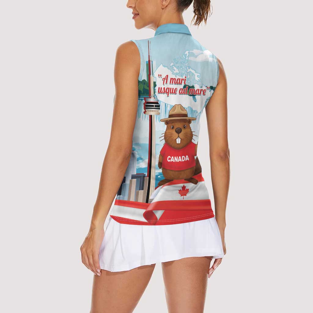 Canada Day Women Sleeveless Polo Shirt Cute Beaver With Flag
