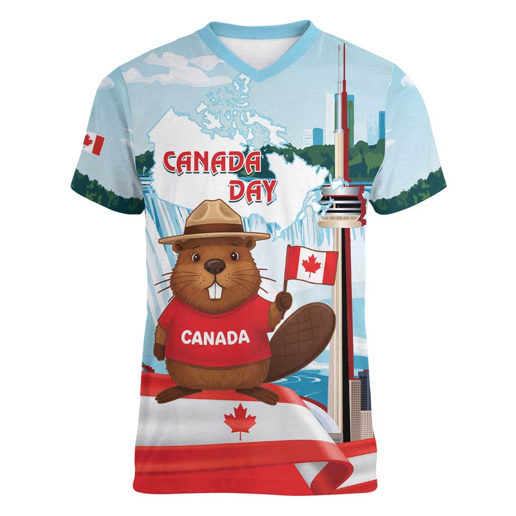 Canada Day Women V-Neck T-Shirt Cute Beaver With Flag