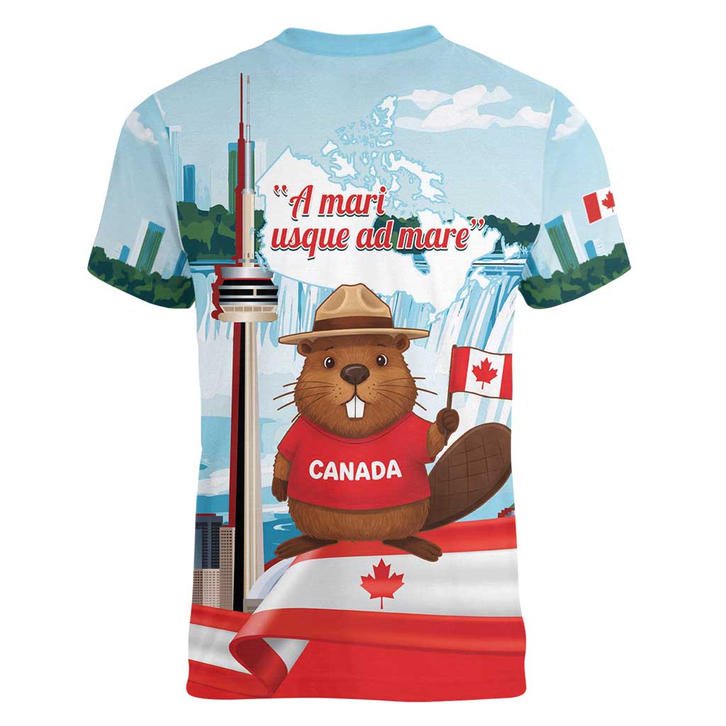 Canada Day Women V-Neck T-Shirt Cute Beaver With Flag