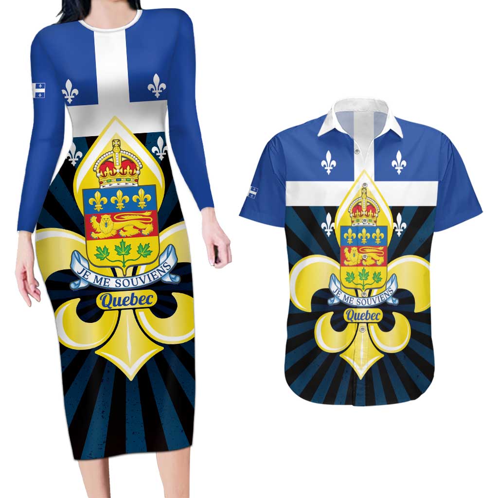 Quebec Canada Province Couples Matching Long Sleeve Bodycon Dress and Hawaiian Shirt Fleur De Lis Coat Of Arms