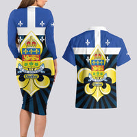 Quebec Canada Province Couples Matching Long Sleeve Bodycon Dress and Hawaiian Shirt Fleur De Lis Coat Of Arms
