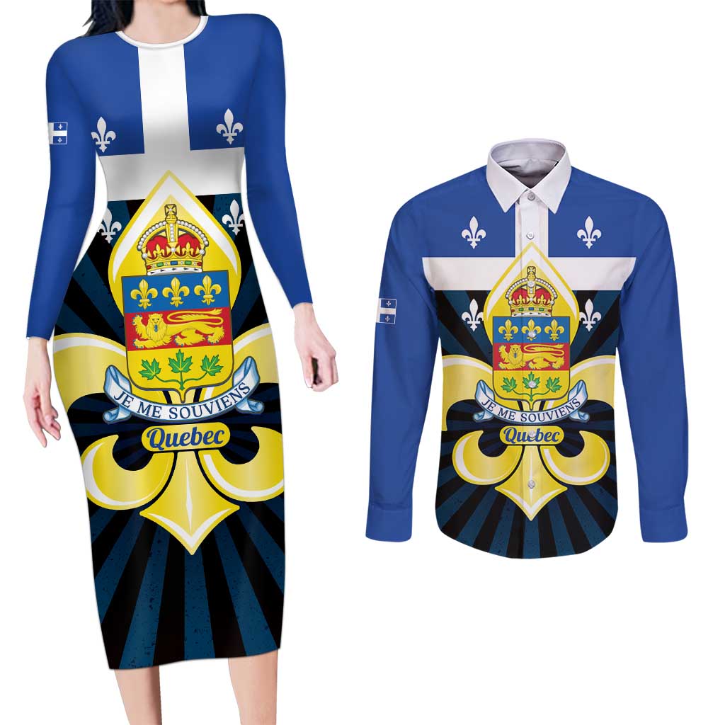 Quebec Canada Province Couples Matching Long Sleeve Bodycon Dress and Long Sleeve Button Shirt Fleur De Lis Coat Of Arms