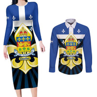 Quebec Canada Province Couples Matching Long Sleeve Bodycon Dress and Long Sleeve Button Shirt Fleur De Lis Coat Of Arms