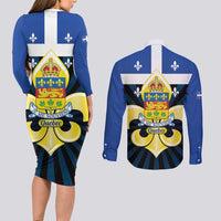 Quebec Canada Province Couples Matching Long Sleeve Bodycon Dress and Long Sleeve Button Shirt Fleur De Lis Coat Of Arms