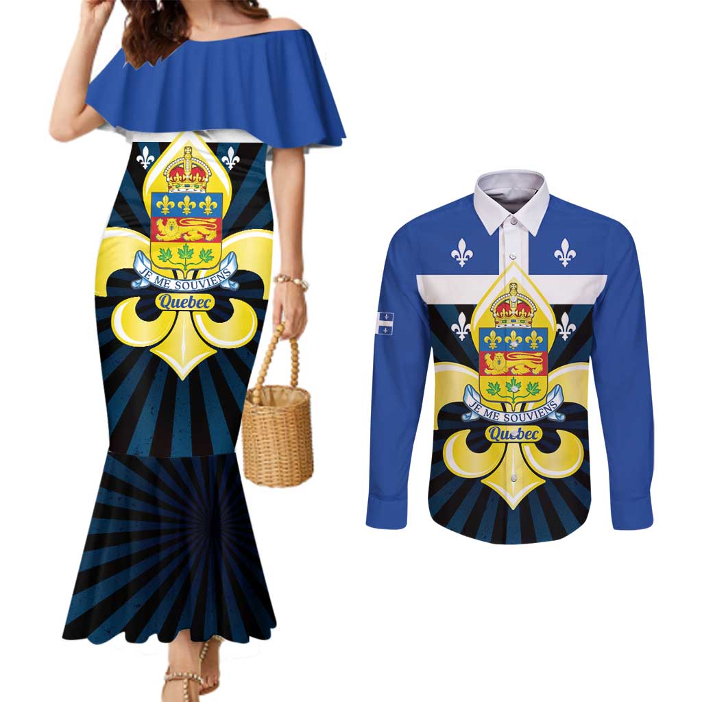 Quebec Canada Province Couples Matching Mermaid Dress and Long Sleeve Button Shirt Fleur De Lis Coat Of Arms