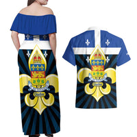 Quebec Canada Province Couples Matching Off Shoulder Maxi Dress and Hawaiian Shirt Fleur De Lis Coat Of Arms