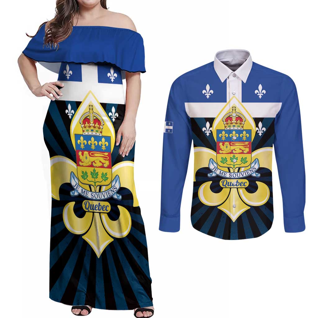 Quebec Canada Province Couples Matching Off Shoulder Maxi Dress and Long Sleeve Button Shirt Fleur De Lis Coat Of Arms