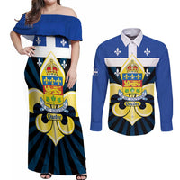 Quebec Canada Province Couples Matching Off Shoulder Maxi Dress and Long Sleeve Button Shirt Fleur De Lis Coat Of Arms