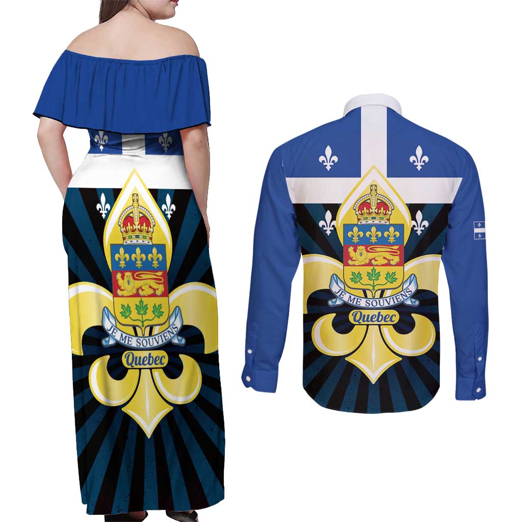 Quebec Canada Province Couples Matching Off Shoulder Maxi Dress and Long Sleeve Button Shirt Fleur De Lis Coat Of Arms