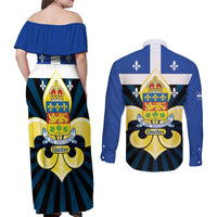 Quebec Canada Province Couples Matching Off Shoulder Maxi Dress and Long Sleeve Button Shirt Fleur De Lis Coat Of Arms