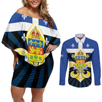 Quebec Canada Province Couples Matching Off Shoulder Short Dress and Long Sleeve Button Shirt Fleur De Lis Coat Of Arms