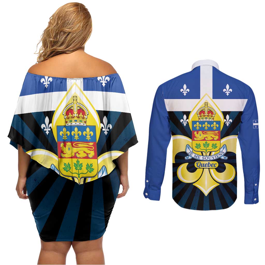 Quebec Canada Province Couples Matching Off Shoulder Short Dress and Long Sleeve Button Shirt Fleur De Lis Coat Of Arms