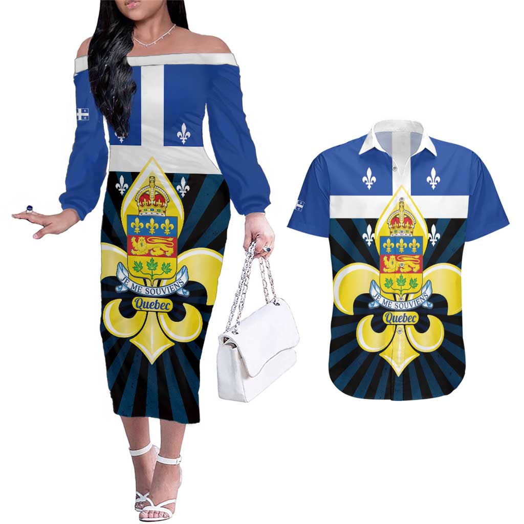 Quebec Canada Province Couples Matching Off The Shoulder Long Sleeve Dress and Hawaiian Shirt Fleur De Lis Coat Of Arms