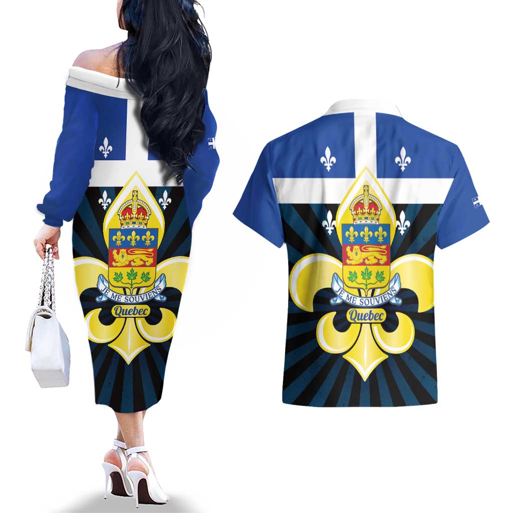 Quebec Canada Province Couples Matching Off The Shoulder Long Sleeve Dress and Hawaiian Shirt Fleur De Lis Coat Of Arms