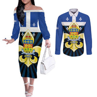 Quebec Canada Province Couples Matching Off The Shoulder Long Sleeve Dress and Long Sleeve Button Shirt Fleur De Lis Coat Of Arms