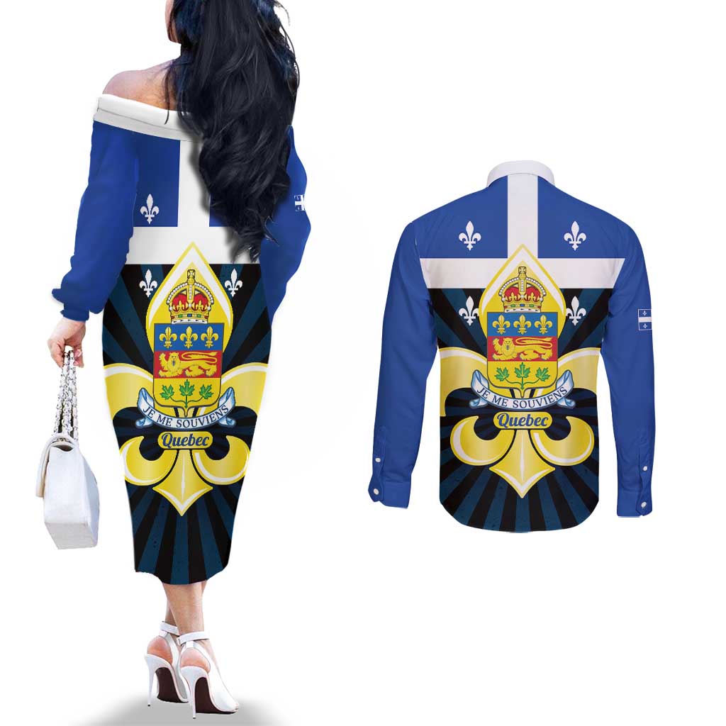 Quebec Canada Province Couples Matching Off The Shoulder Long Sleeve Dress and Long Sleeve Button Shirt Fleur De Lis Coat Of Arms