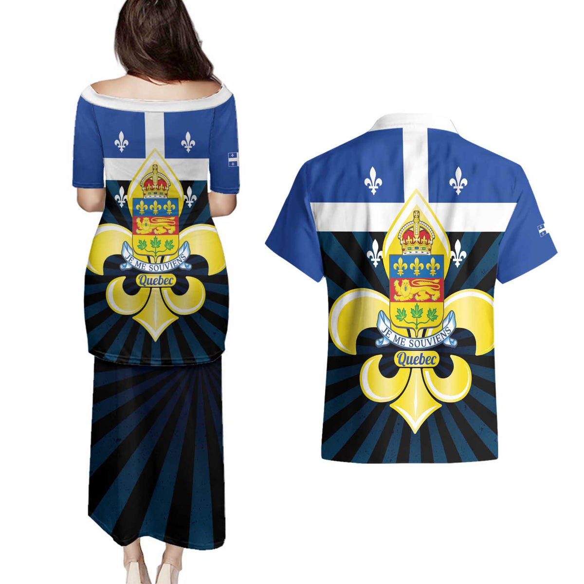Quebec Canada Province Couples Matching Puletasi and Hawaiian Shirt Fleur De Lis Coat Of Arms
