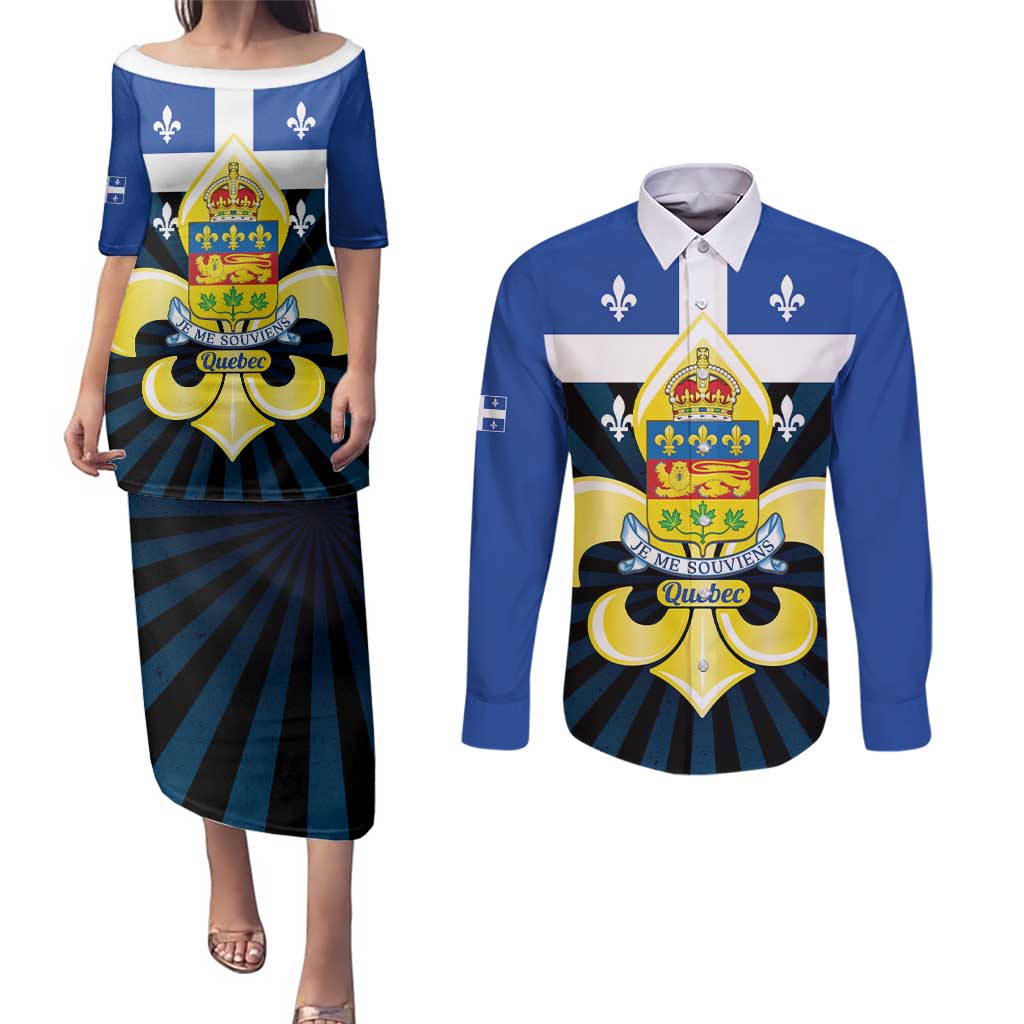 Quebec Canada Province Couples Matching Puletasi and Long Sleeve Button Shirt Fleur De Lis Coat Of Arms