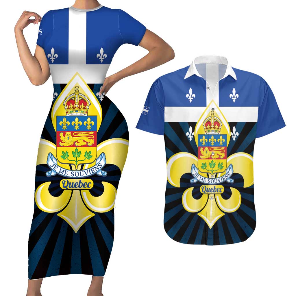 Quebec Canada Province Couples Matching Short Sleeve Bodycon Dress and Hawaiian Shirt Fleur De Lis Coat Of Arms