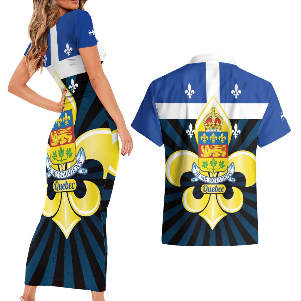 Quebec Canada Province Couples Matching Short Sleeve Bodycon Dress and Hawaiian Shirt Fleur De Lis Coat Of Arms