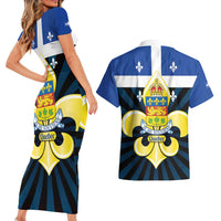 Quebec Canada Province Couples Matching Short Sleeve Bodycon Dress and Hawaiian Shirt Fleur De Lis Coat Of Arms